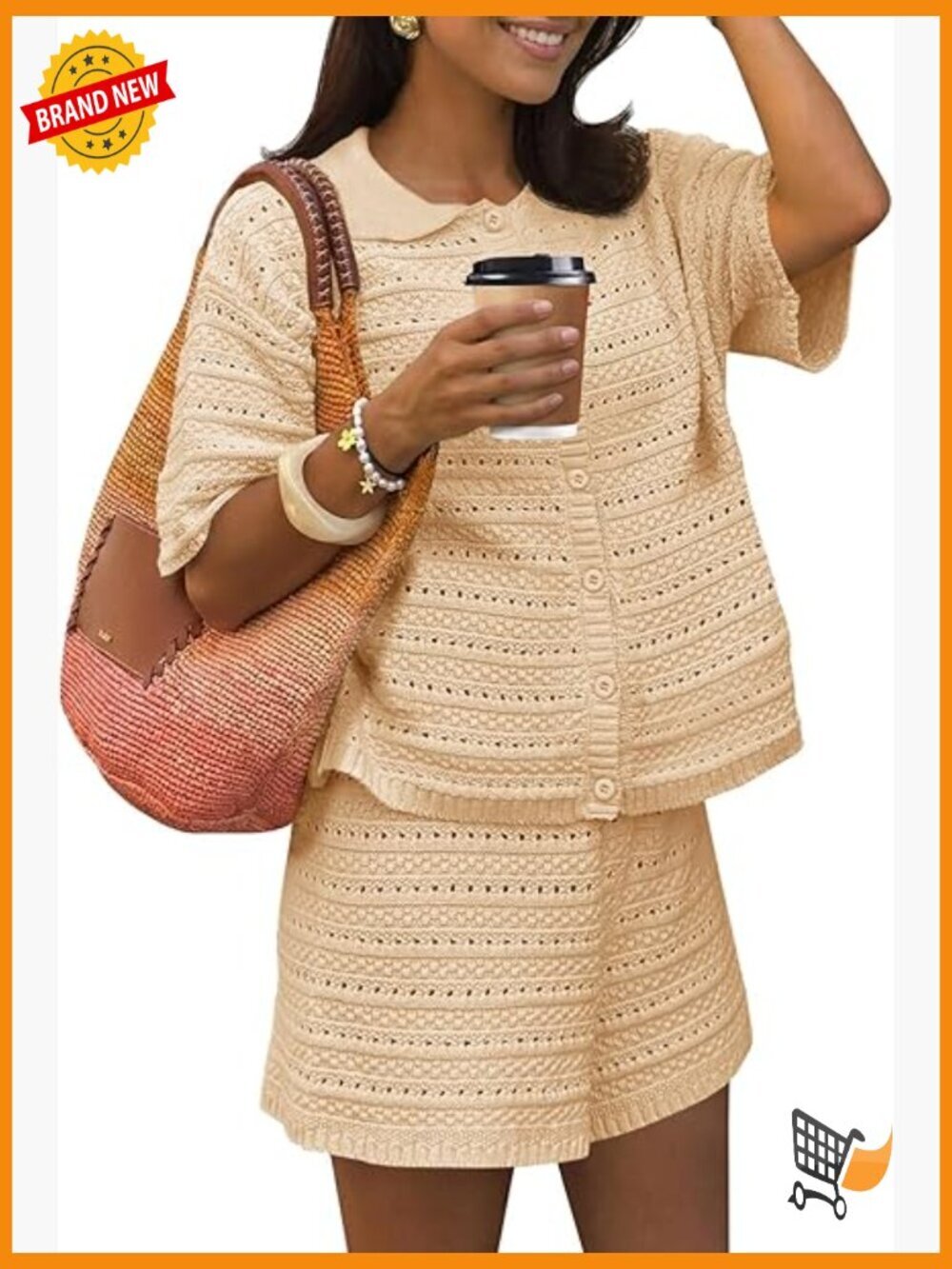 Crochet 2 Piece Cover Up Set Button Cardigan Knit Shorts Swimsuit Cover Up